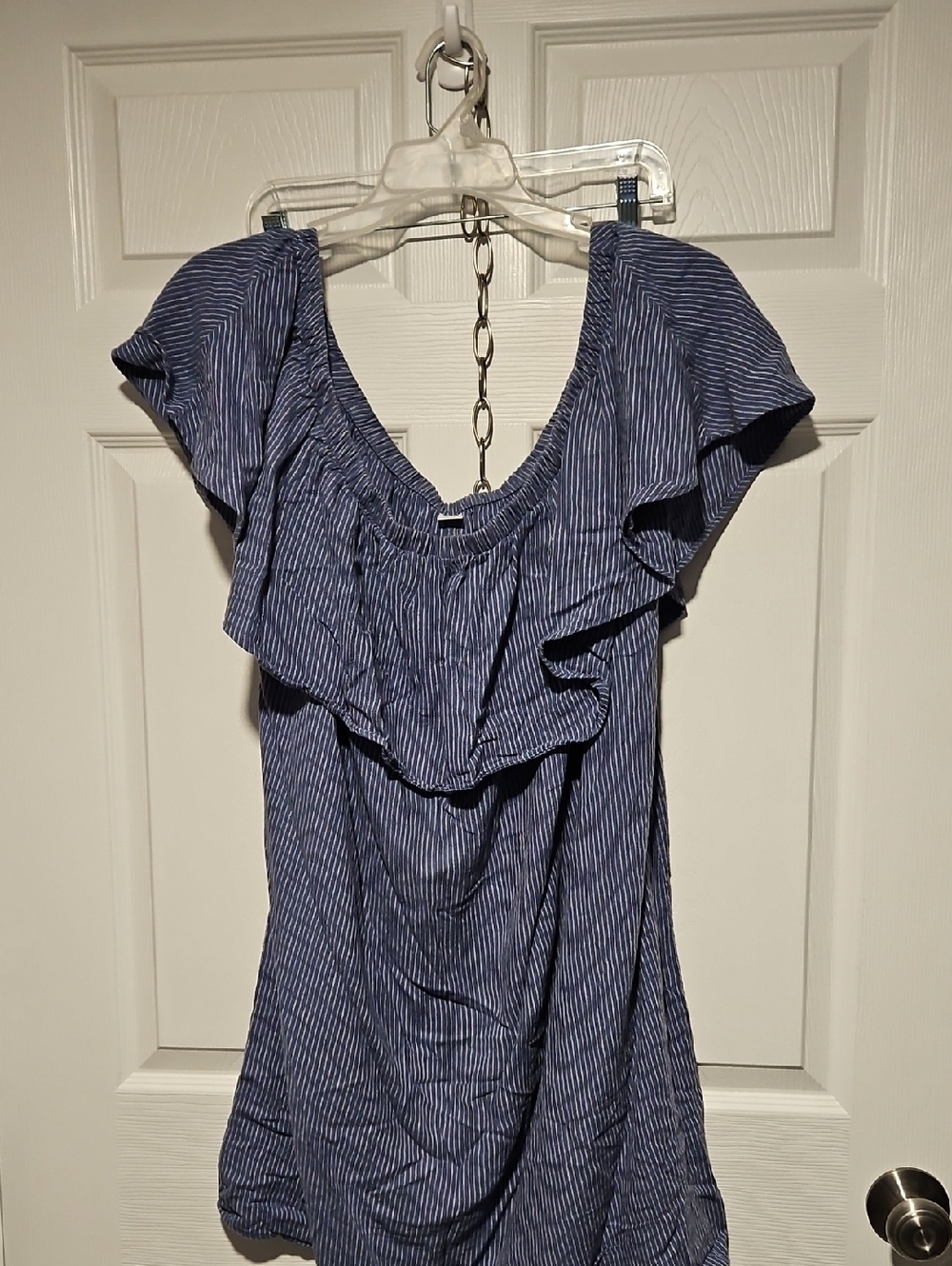 Old Navy Navy Blue Pinstripe Ruffle Off-Shoulder Top